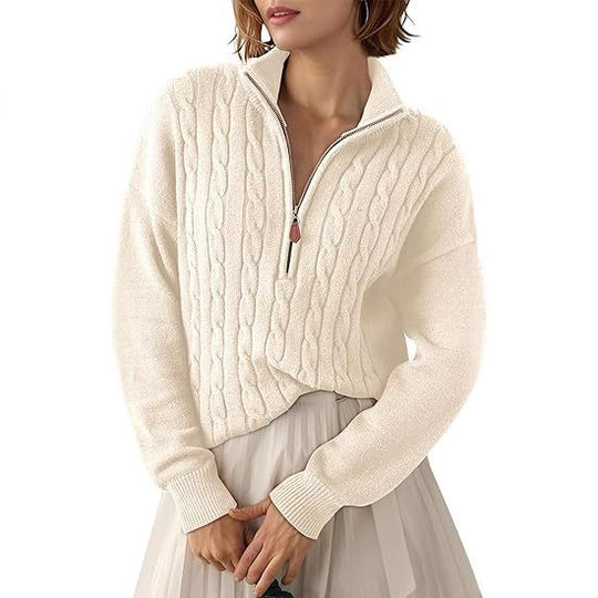 Damen Grobstrick Pullover mit Stehkragen und halbem Reißverschluss EB