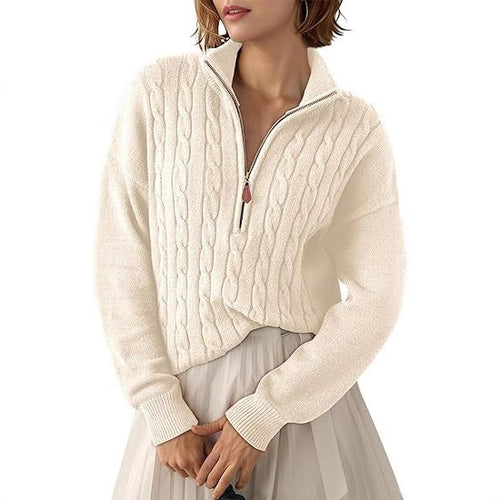 Damen Grobstrick Pullover mit Stehkragen und halbem Reißverschluss EB