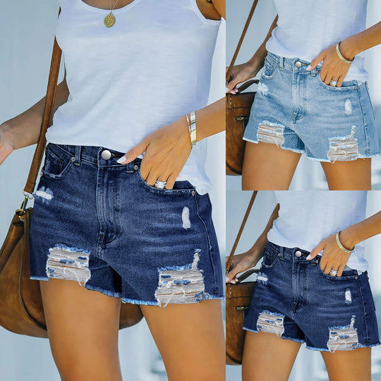 Damen Hochgeschnittene Destroyed Denim-Shorts mit aufwendigen Fransen EB