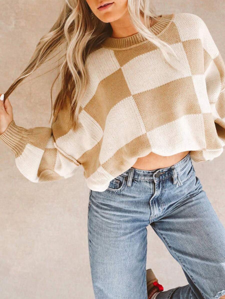 Damen lässiger kariert Pullover mit weiten Ärmeln und Rundhalsausschnitt EB