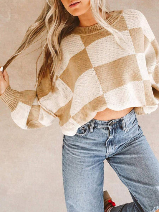 Damen lässiger kariert Pullover mit weiten Ärmeln und Rundhalsausschnitt EB
