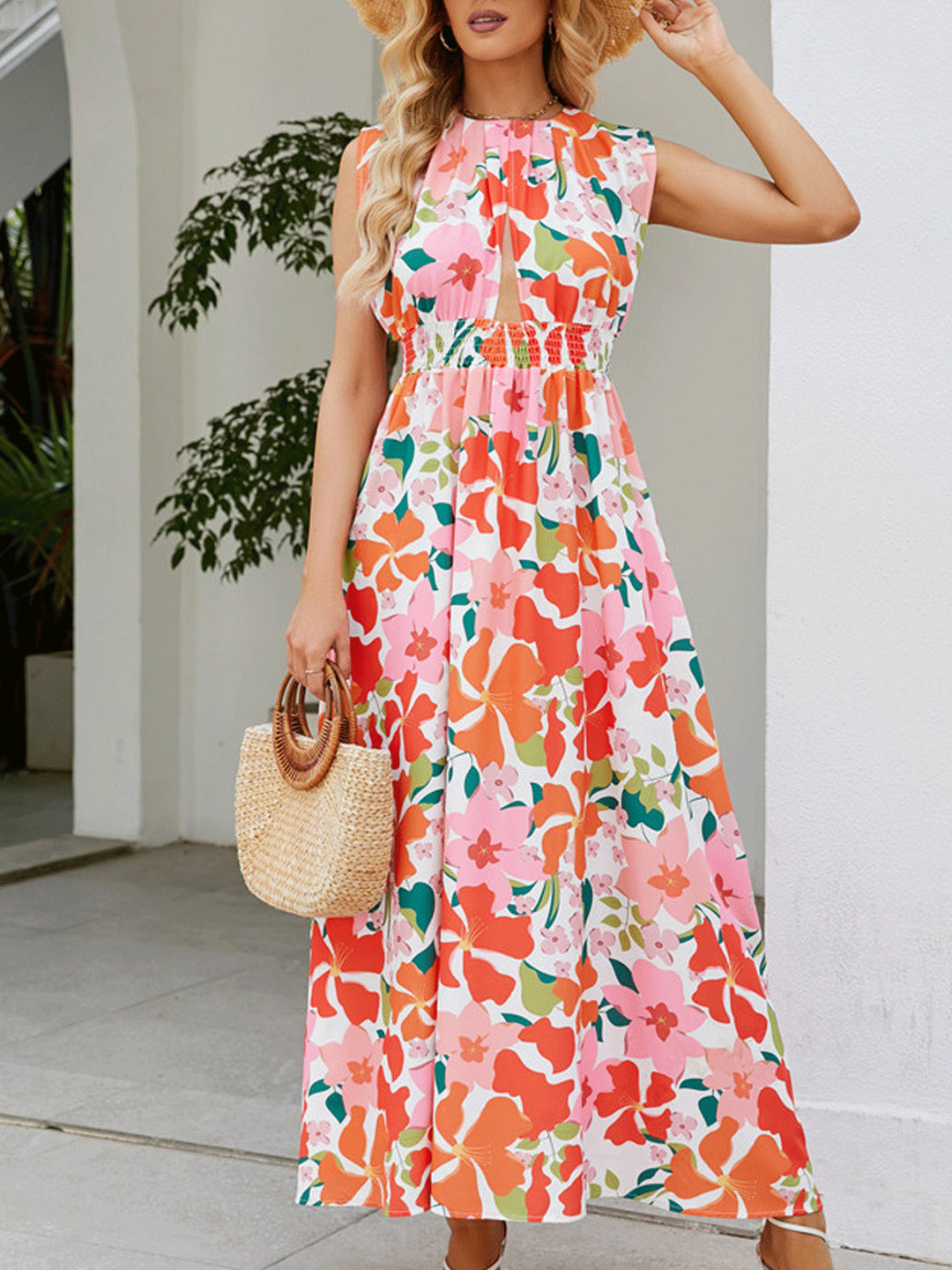 Damen Maxikleid mit floralem Design und elastischem Taillenbund EB
