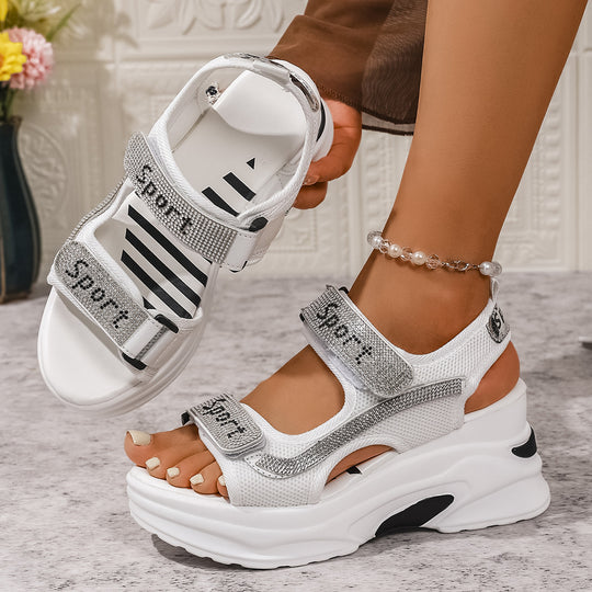 Damen Sportliche Wedge-Sandalen mit atmungsaktiver Oberflächenstruktur und klettbarem Verschluss EB