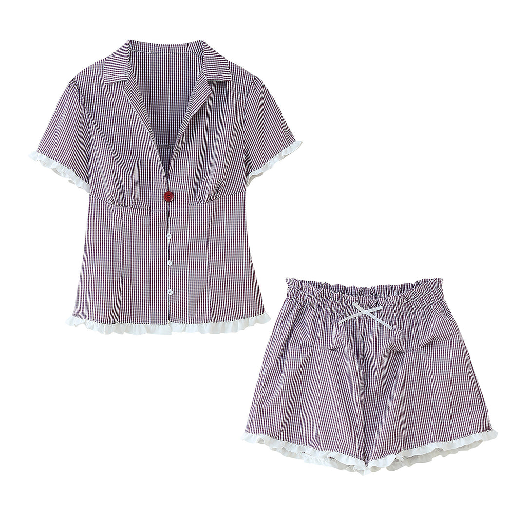 Damen Pyjama-Set mit Rüschendetails und knöpfbarem Oberteil EB