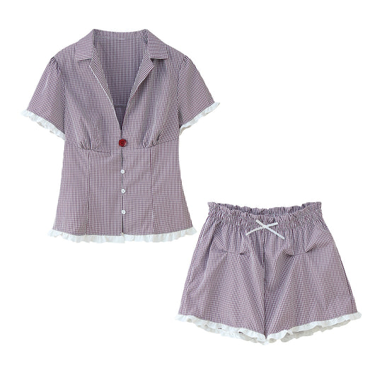 Damen Pyjama-Set mit Rüschendetails und knöpfbarem Oberteil EB