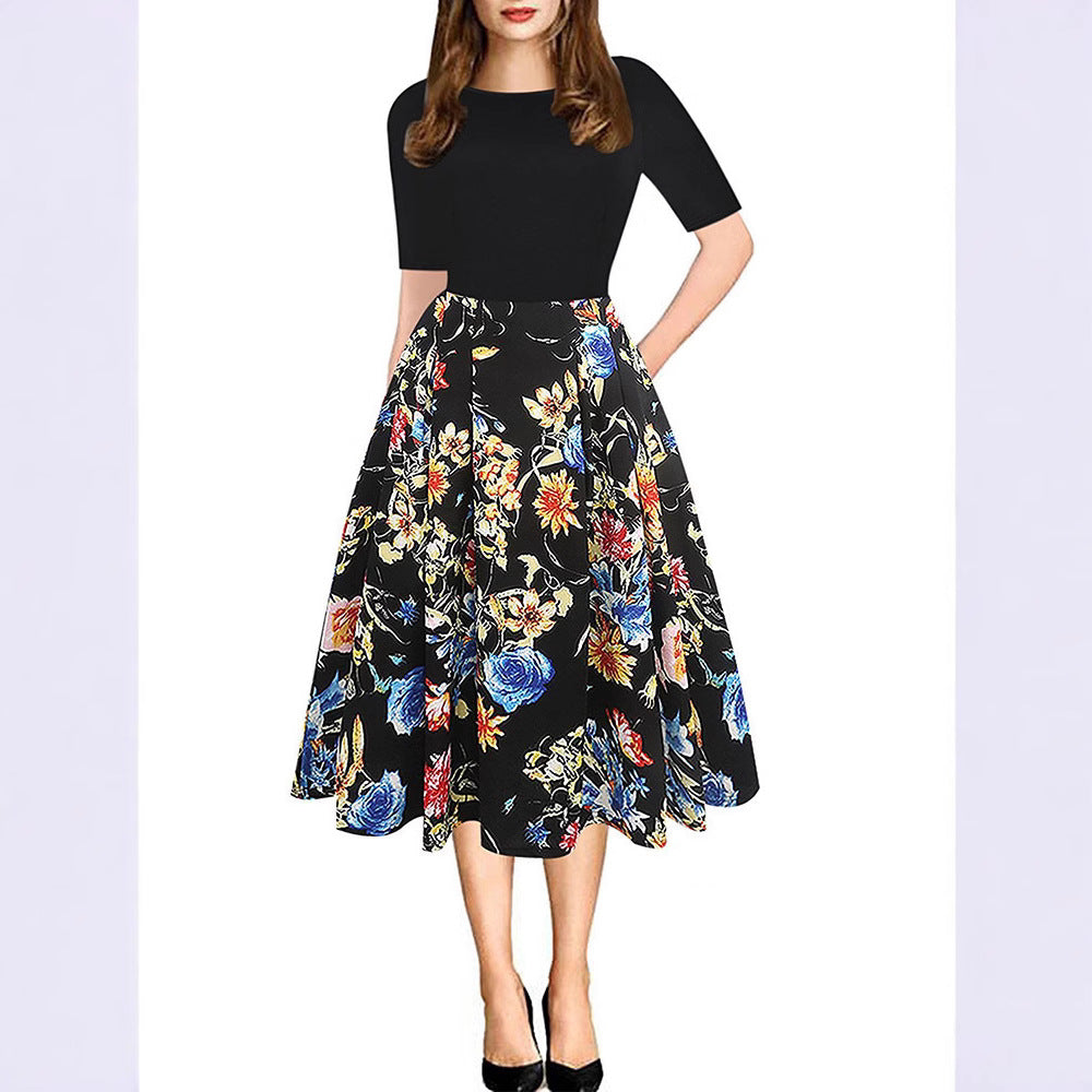 Damen Midikleid mit floralem Muster und gestreiften Akzenten EB