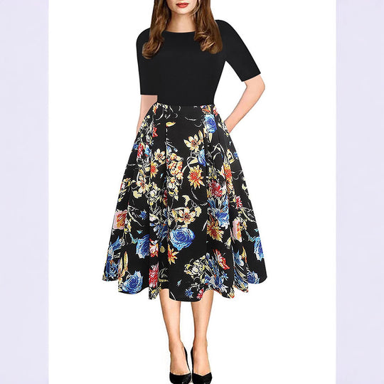 Damen Midikleid mit floralem Muster und gestreiften Akzenten EB