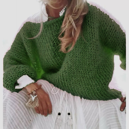 Damen Kurzgeschnitteter flauschiger Grobstrickpullover mit überschnittener Schulter EB