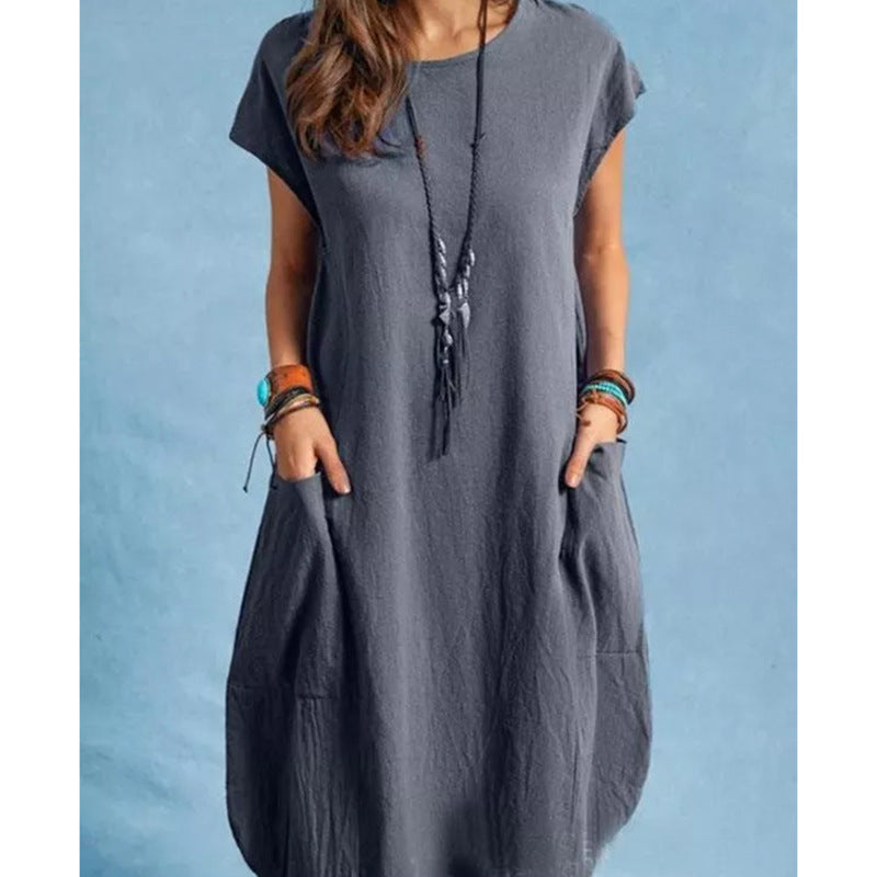 Damen lässiges Freizeitkleid mit seitlichen Taschen und Rundhalsausschnitt EB