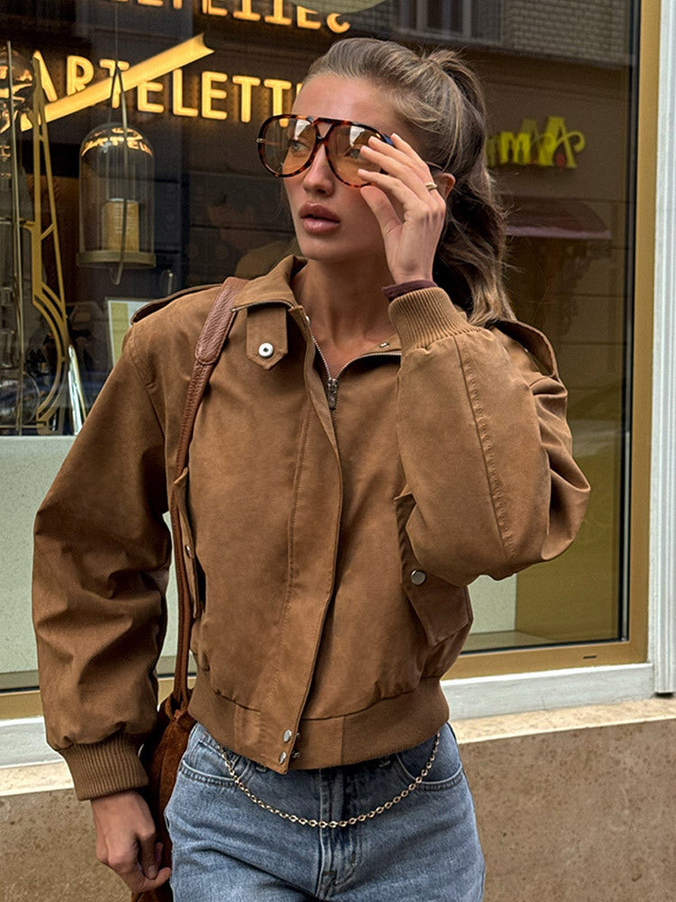 Damen lässige Kurzjacke mit voluminösen Ärmeln und Reißverschluss EB
