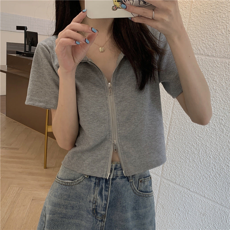 Damen Cropped Poloshirt mit Reißverschluss und strukturierter Textur EB