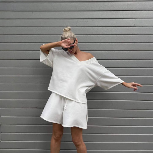 Damen lässiges Lounge-Set mit oversized Oberteil und Shorts EB