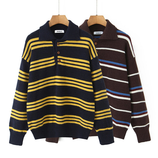 Damen gestreifter Poloshirt-Strickpullover EB