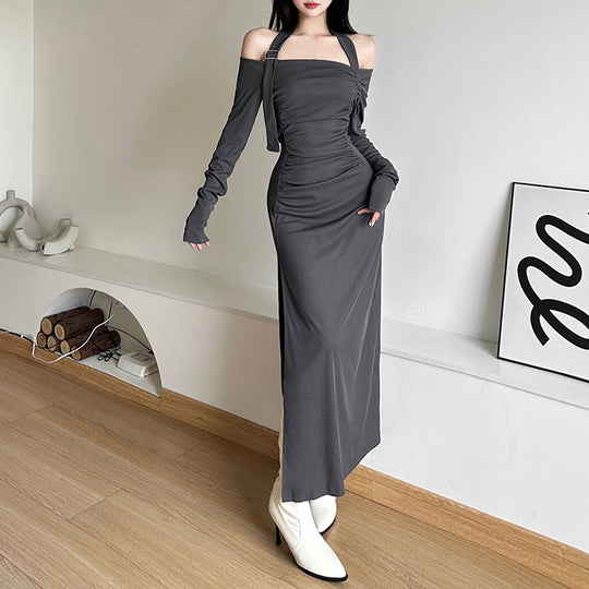Damen Elegantes Maxikleid mit asymmetrischem Schulterdesign und raffinierten Rüschendetails EB