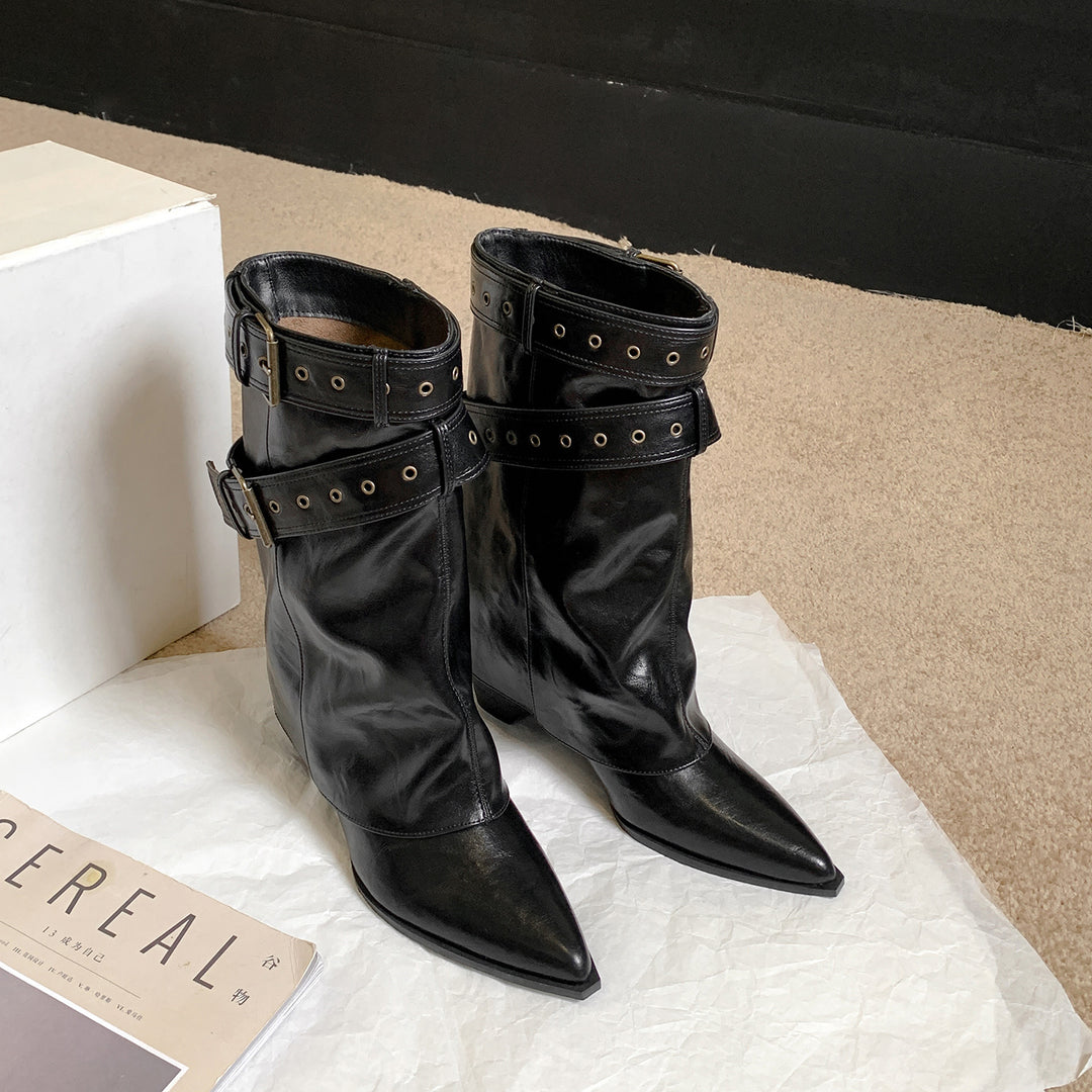 Damen Stiefeletten mit modischem Riemen und elegantem Blockabsatz EB