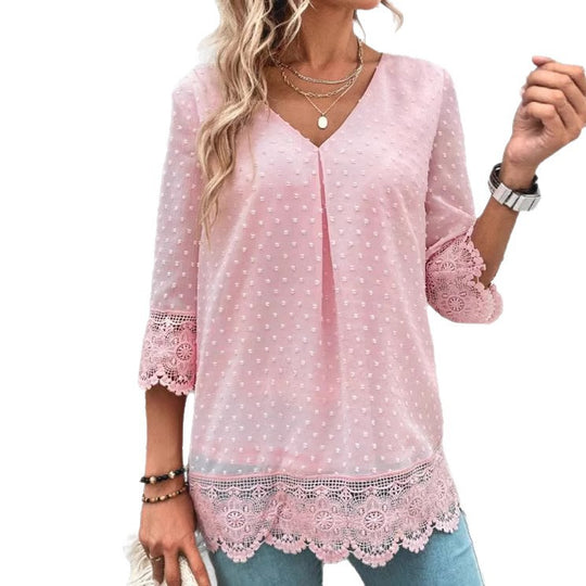 Damen nan feminine Chiffon-Tunika mit Pünktchenrelief, V-Ausschnitt und Häkelspitzenbesatz EB