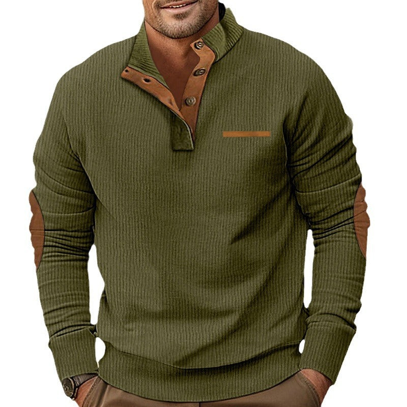 Herren nan strukturiertes Halbknopf-Stehkragen-Pullover mit Wildleder-Ellbogenpatches EB
