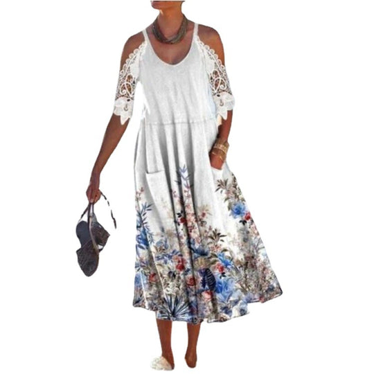 Damen Maxikleid mit eleganten Spitzenärmeln und floralem Muster Heidi-Mode