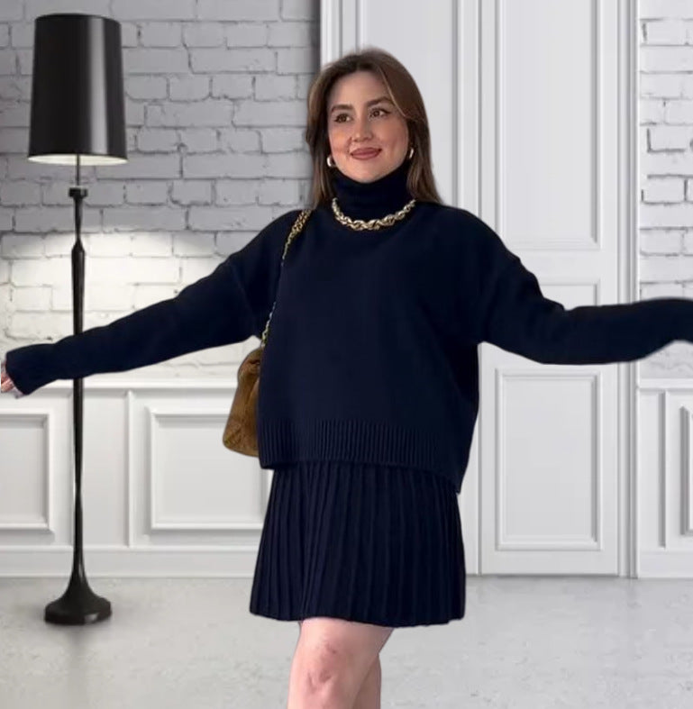 Damen Oversized Strickpullover mit hochwertiger Rippstruktur und passendem Minirock EB