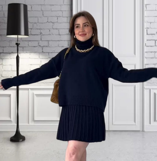 Damen Oversized Strickpullover mit hochwertiger Rippstruktur und passendem Minirock EB