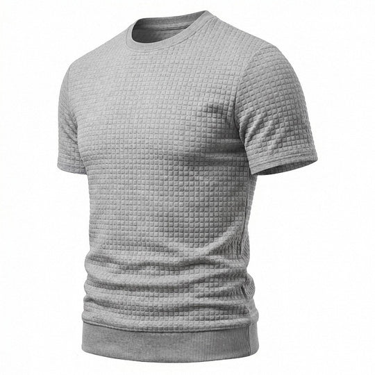 Herren nan kurzärmeliges Strickshirt mit geprägter Karostruktur, Rundhalsausschnitt und geripptem Saum EB