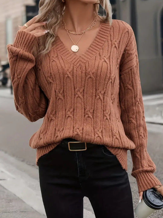 Damen Strickpullover mit V-Ausschnitt und Zopfmuster EB
