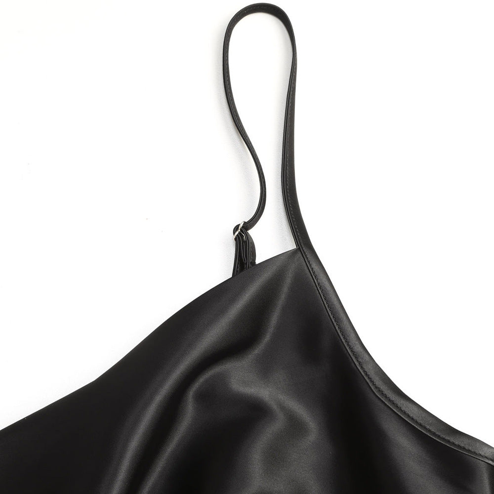 Damen elegantes Satin-Kleid mit verstellbaren Trägern und Taillenband EB