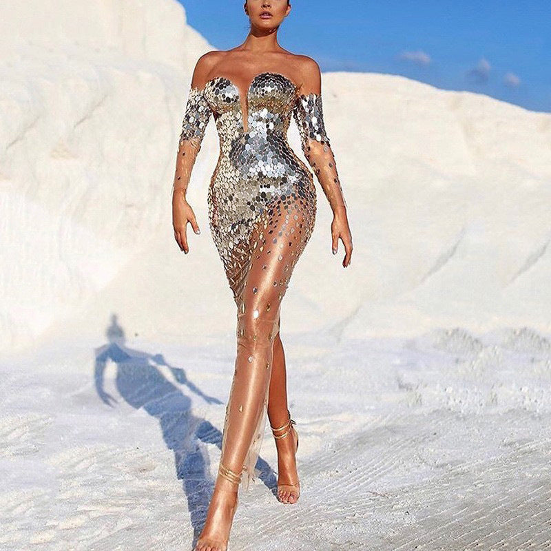 Damen Glitzerndes Abendkleid mit transparenten Ärmeln EB