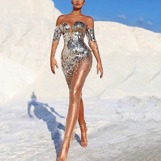 Damen Glitzerndes Abendkleid mit transparenten Ärmeln EB