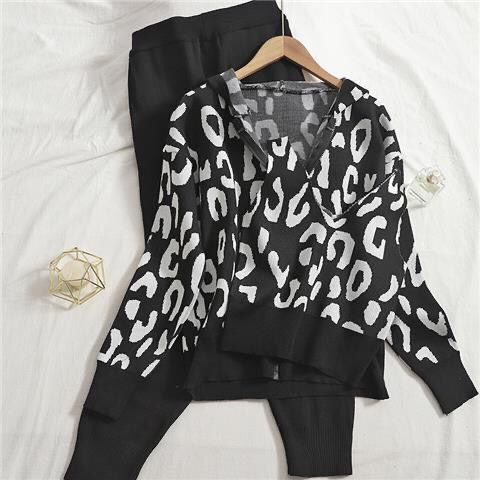 Damen lässiges Hoodie- und Jogginganzug-Set mit Leopardenmuster EB