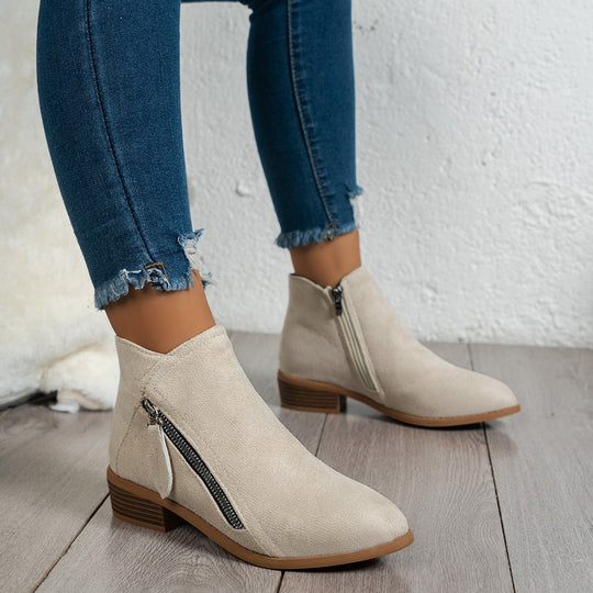 Damen Modische Stiefeletten mit seitlichem Reißverschluss und eleganter Perlenapplikation EB