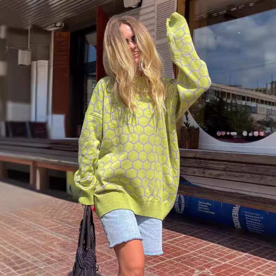 Damen Kreativer Strickpullover mit Wabenmuster EB