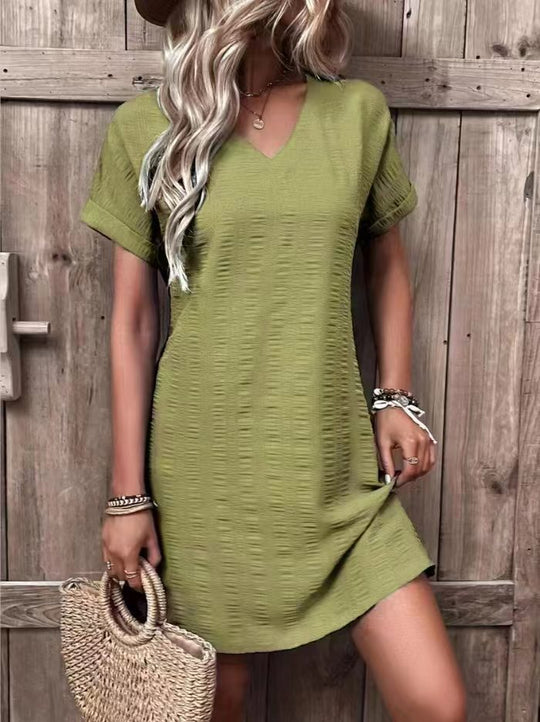 Damen V-ausschnitt Freizeitleinenkleid mit kurzen Ärmeln EB