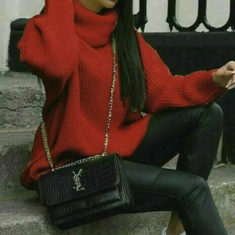 Damen Grobstrickpullover mit hohem Kragen und lässigem Schnitt EB