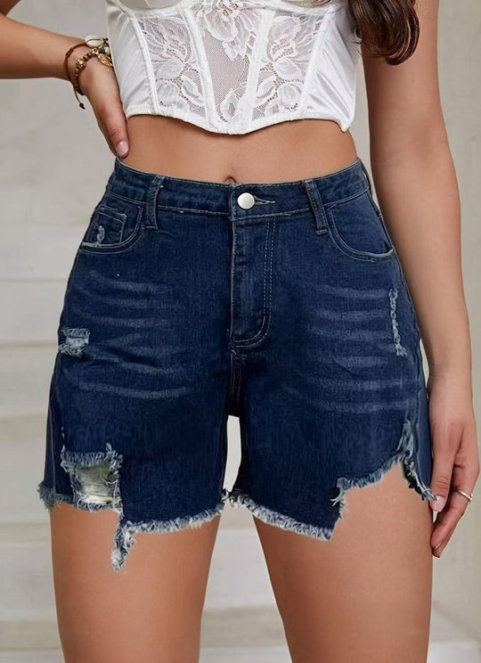 Damen lässige Destroyed Jeansshorts mit hohem Bund und fransigen Abschlüssen EB