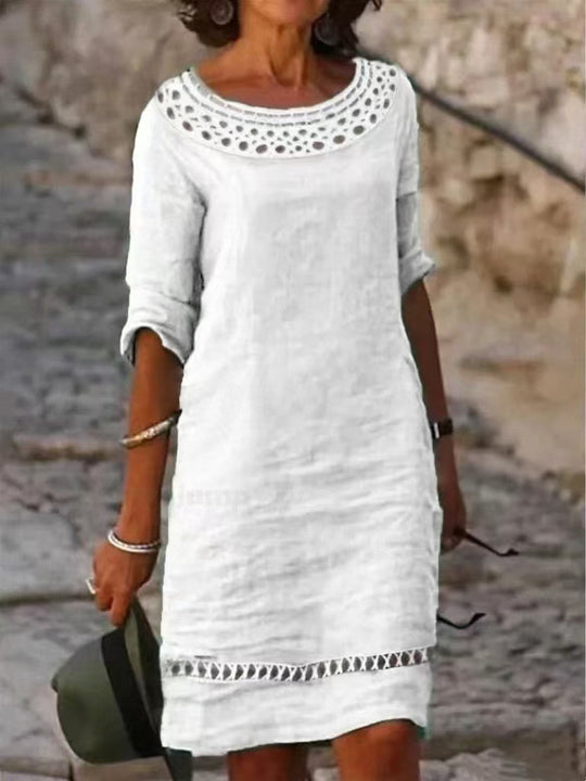 Damen lässiges Sommerkleid mit elegantem Häkelkragen und durchgehendem Schnitt EB
