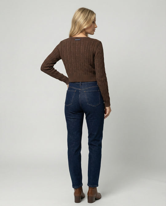 Damen kurzer figurbetonter Zopfmuster-Cardigan mit Rundhalsausschnitt und Knopfleiste EB