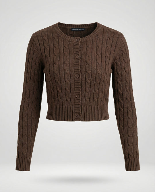 Damen kurzer figurbetonter Zopfmuster-Cardigan mit Rundhalsausschnitt und Knopfleiste EB