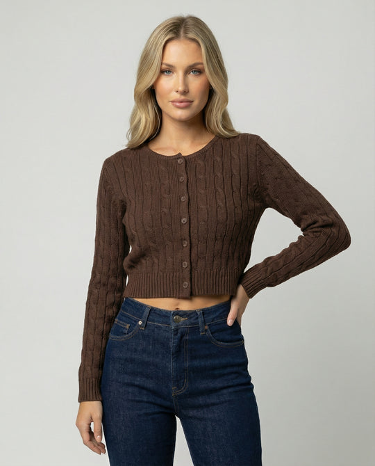 Damen kurzer figurbetonter Zopfmuster-Cardigan mit Rundhalsausschnitt und Knopfleiste EB