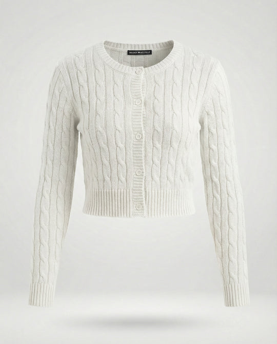 Damen kurzer figurbetonter Zopfmuster-Cardigan mit Rundhalsausschnitt und Knopfleiste EB