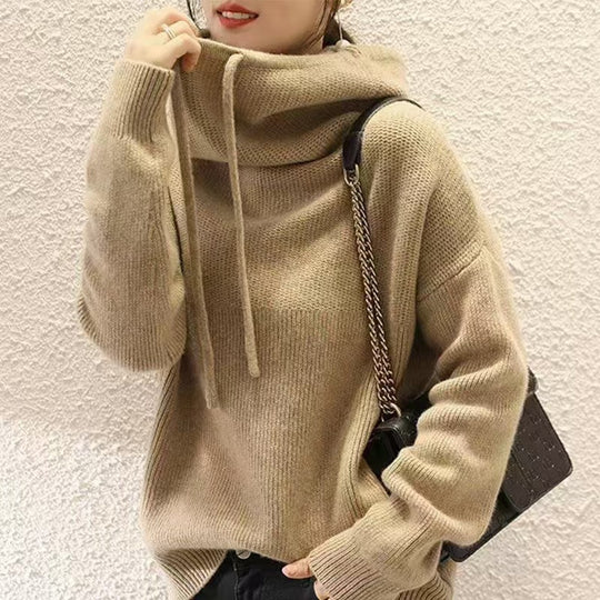 Damen Kuscheliger Rollkragen‑Hoodie aus Feinstrick mit Kordelzug und gerippten Bündchen EB