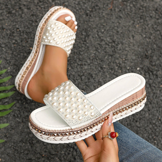 Damen Elegante Wedge-Pantoletten mit Perlenverzierungen und rutschfester Sohle EB