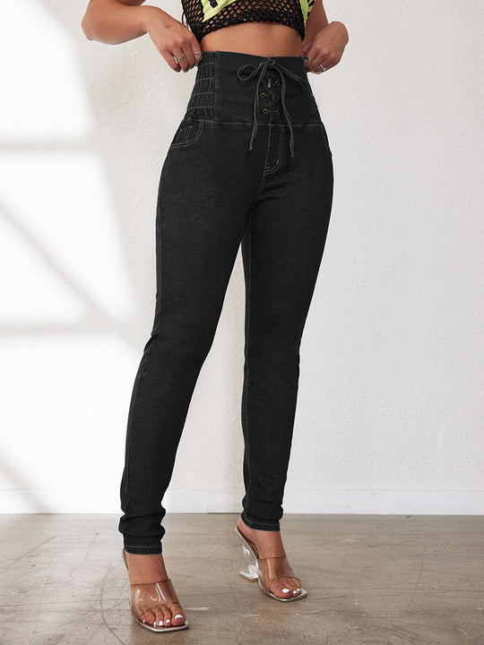 Damen Hochtaillierte Jeans mit verstellbarem Kordelzug und taillierter Passform EB