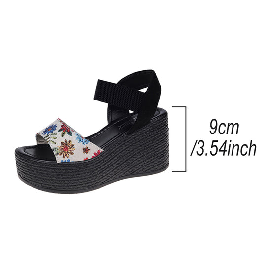 Damen Wedge-Sandalen mit floralem Design und elastischen Riemen EB