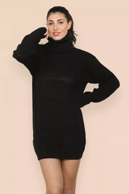 Damen Strickkleid mit hohem Kragen und strukturiertem Maschenbild EB