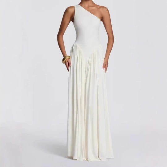 Damen Maxi-Kleid mit schulterfreiem Design und fließendem Stoff EB