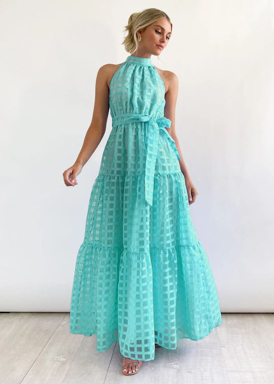 Damen Maxikleid mit raffiniertem Hochkragen und gestuftem Design EB