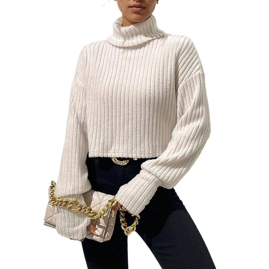 Damen geripptes Cropped‑Rollkragenpullover mit überschnittenen Schultern und voluminösen Ärmeln Eichborn Berlin