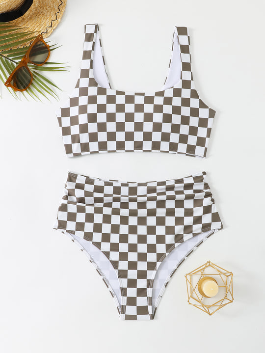 Damen Bikini-Set mit modischem Karomuster und hohem Bund EB