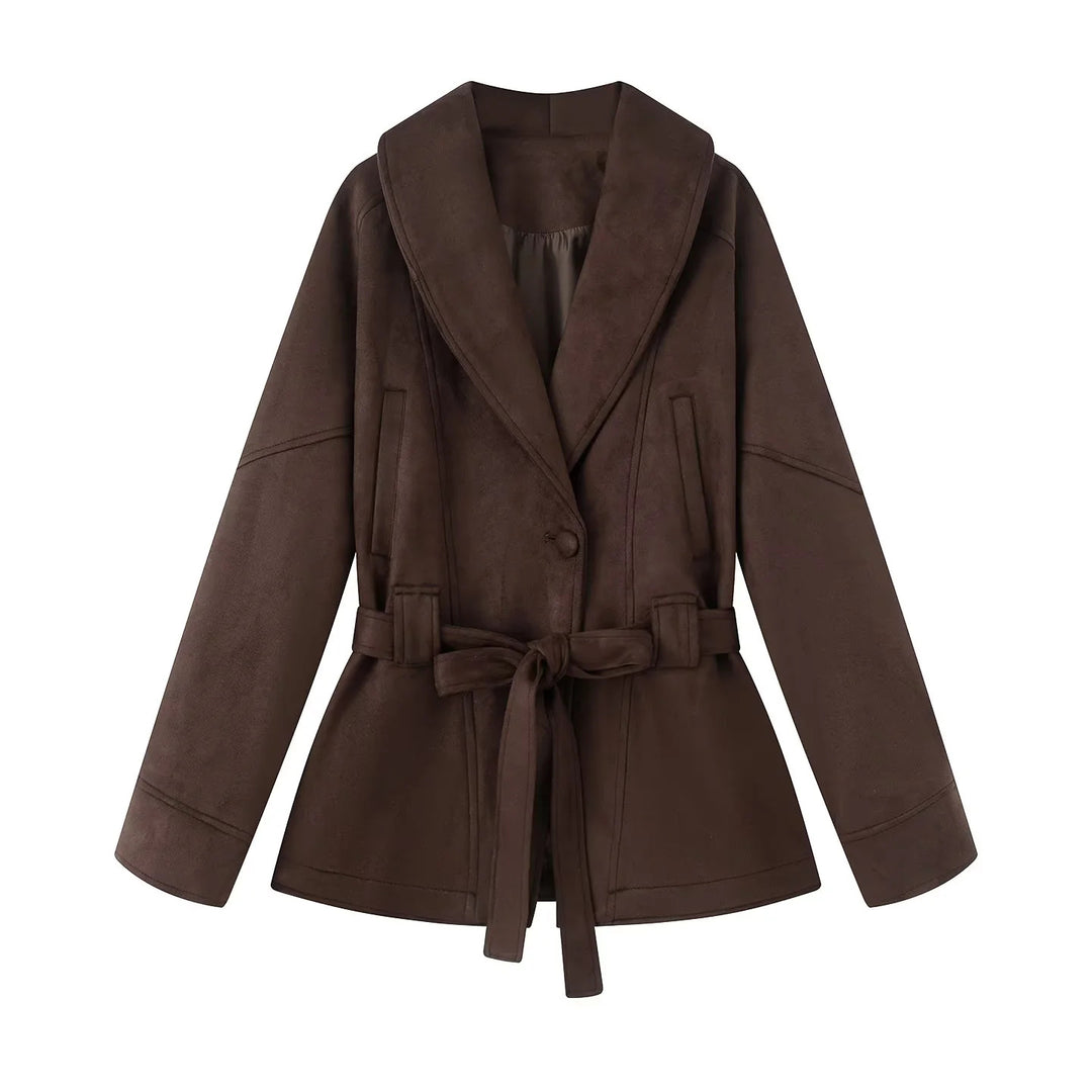 Damen elegante Übergangsjacke mit Bindegürtel und schmeichelndem Revers EB
